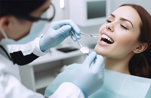 Dentist checking female patient’s teeth during checkup