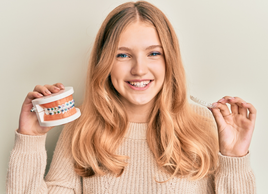 Teen smiling, holding braces mold and clear aligner